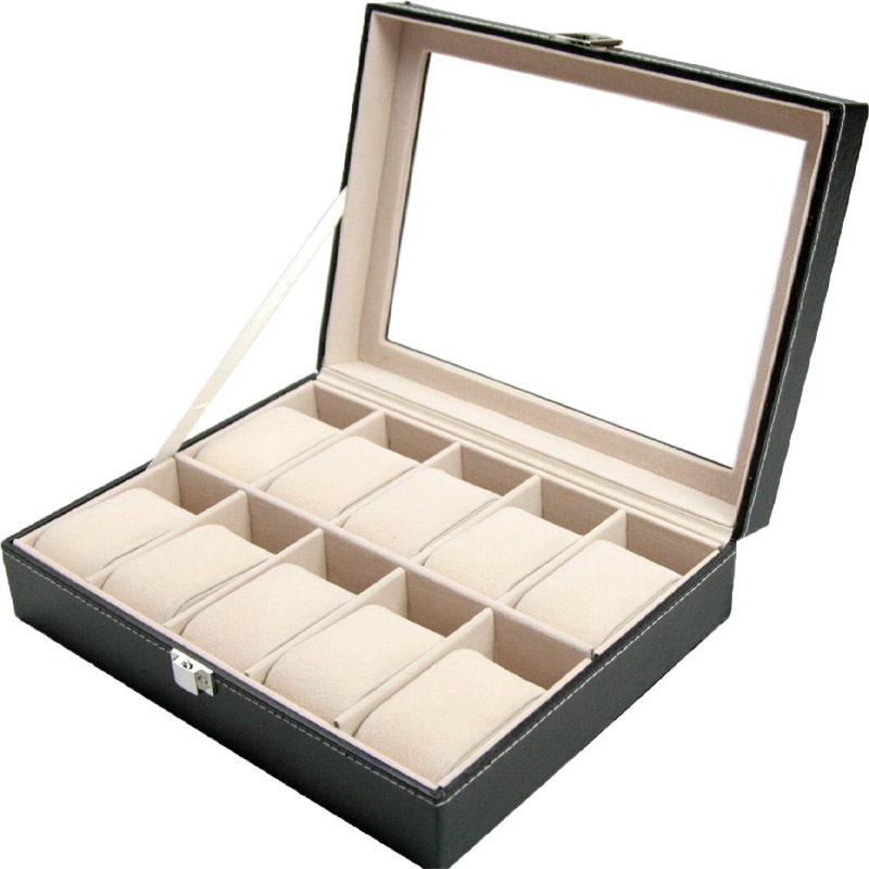 12-Bit Watch Box Wooden Pu Leather Watch Box with Lock Watch Box Display Box Storage Box