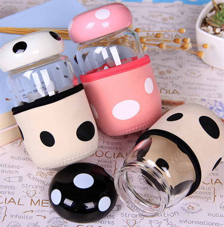 280ml加厚高硼硅单层玻璃杯定制 可爱的蘑菇图案盖子