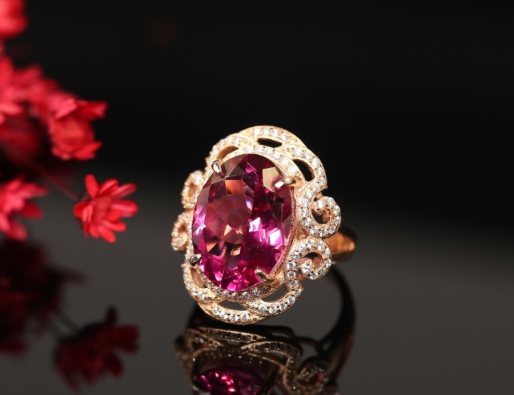 天然彩宝 925银镶粉托帕石戒指 女款925纯银戒指