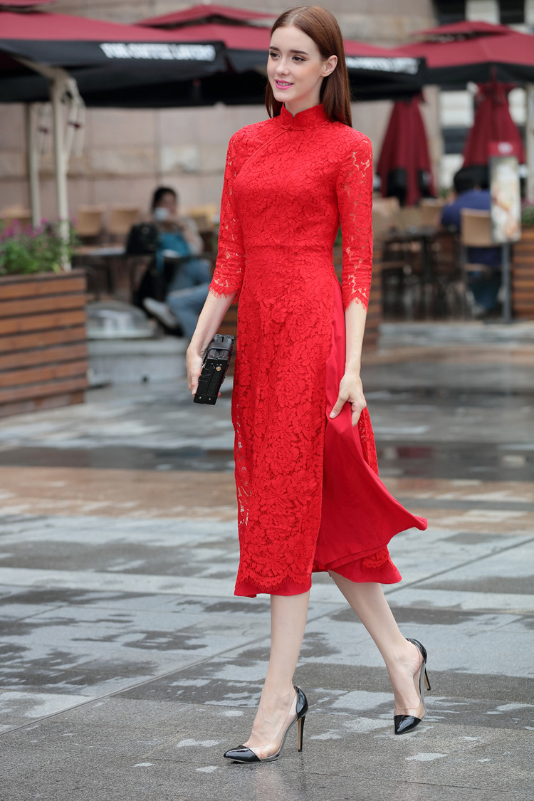 【普雅希】秋冬新款复古结婚礼服红蕾丝修身长裙越南奥黛旗袍3070