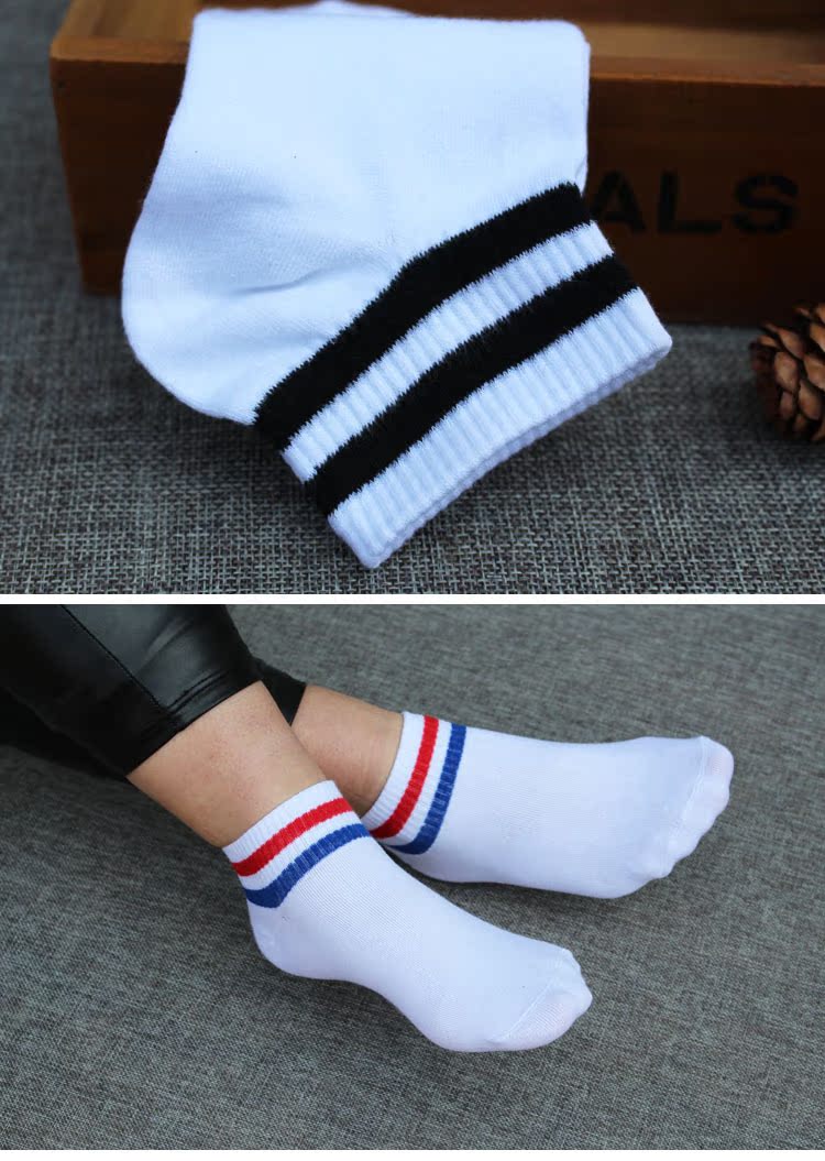 夏季袜子女两条杠短筒运动袜子 条纹女士原宿白色袜子批发