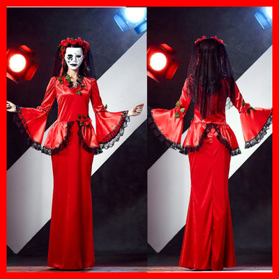 万圣节新款干尸鬼新娘大红色蕾丝花边新娘服装 cos舞台演出服代发