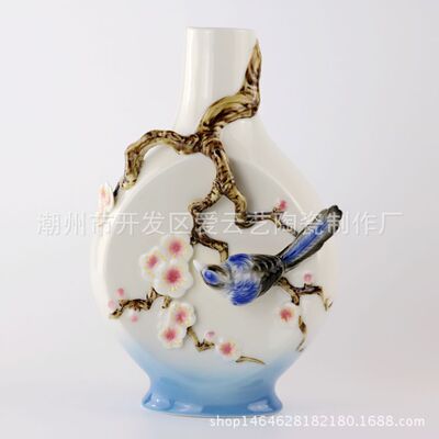 珐琅瓷 梅花鸟花瓶 高档台面花瓶 潮州厂家陶瓷礼品 创意家居摆件