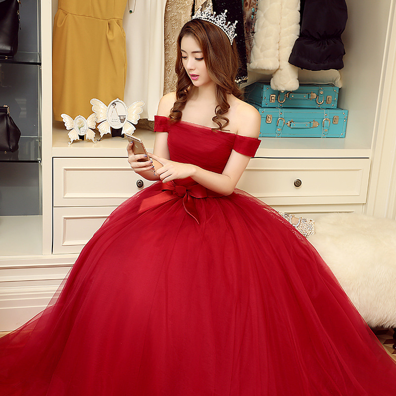 一字肩礼服长款红色敬酒服2021夏季新款新娘抹胸晚装结婚纱礼服女