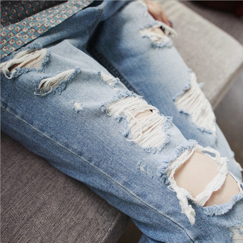 预谋2016新款水洗做旧浅色破洞牛仔裤女哈伦大码宽松bf中腰长裤