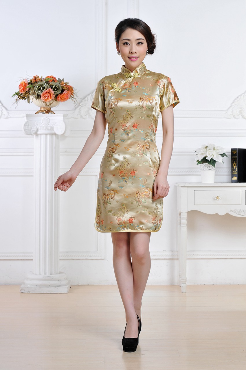 龙凤短旗袍 女士唐装夏装礼服斜襟短袖织锦缎演出服旗袍裙