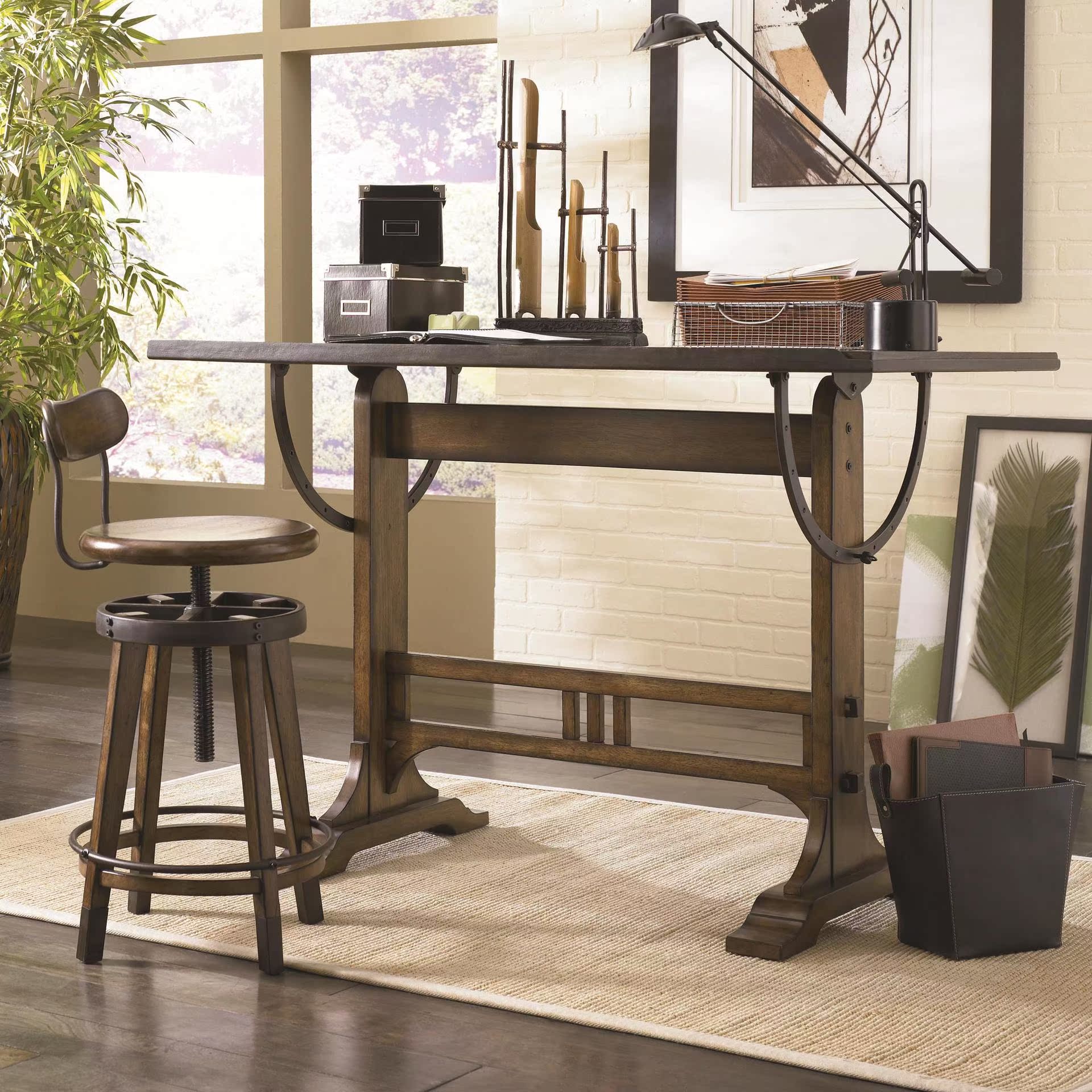 美式乡村复古办公桌 铁艺画架写字桌 简单实木书桌工作台可定制