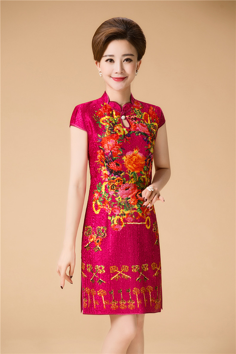 夏装真丝褶皱短袖连衣裙货号ce016