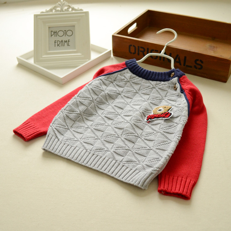 儿童毛衣 男童拼色卡通小熊针织套头衫 纯棉线中小童打底衫秋冬款