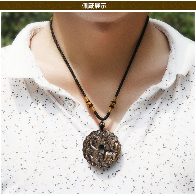 天然正品金曜石平安扣男士项链天然水晶草龙平安扣吊坠批发d43
