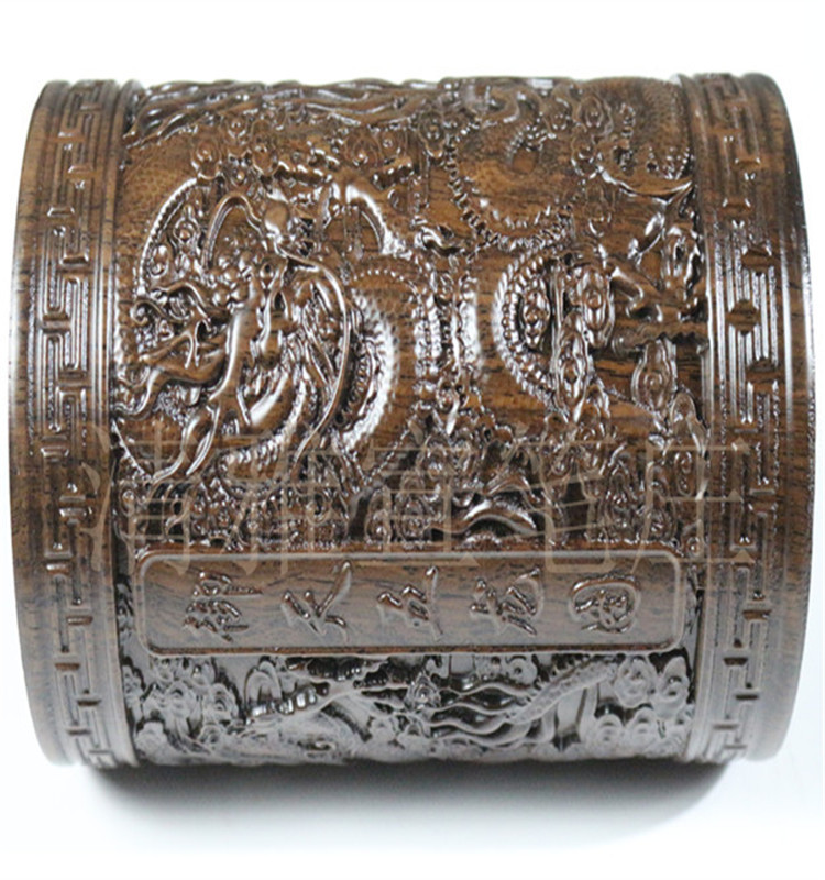 黑檀御天五龙图 实木制雕刻笔筒 红木雕工艺品摆件 家居礼品摆件