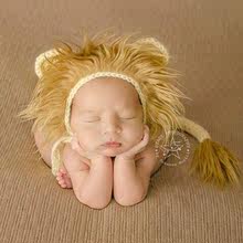 跨境新款儿童摄影服装 新生儿照相 婴儿小狮子毛线卡通帽子尾巴