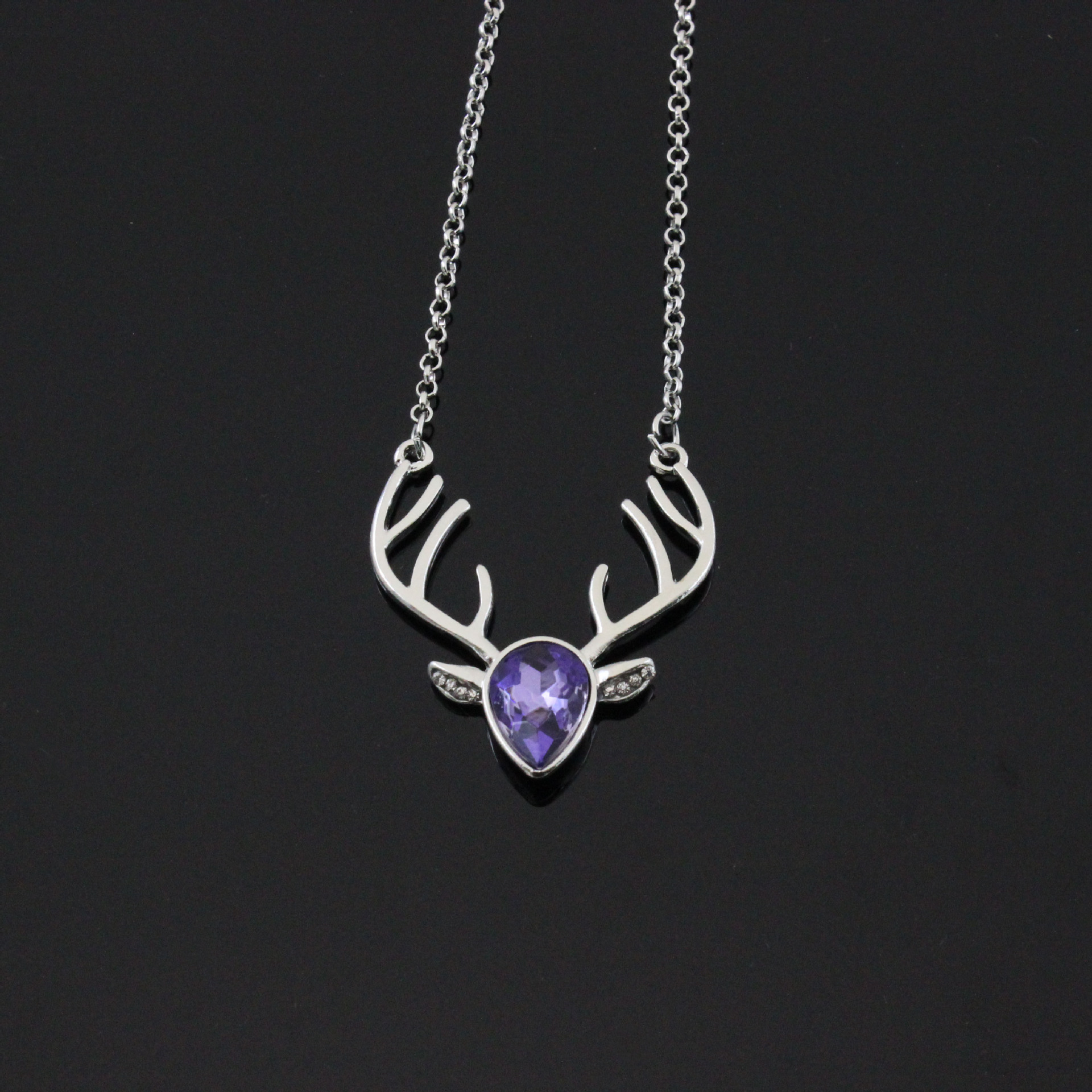 韩版时尚新款饰品百搭ebay速卖通流行水晶鹿头项链锁骨链毛衣链女