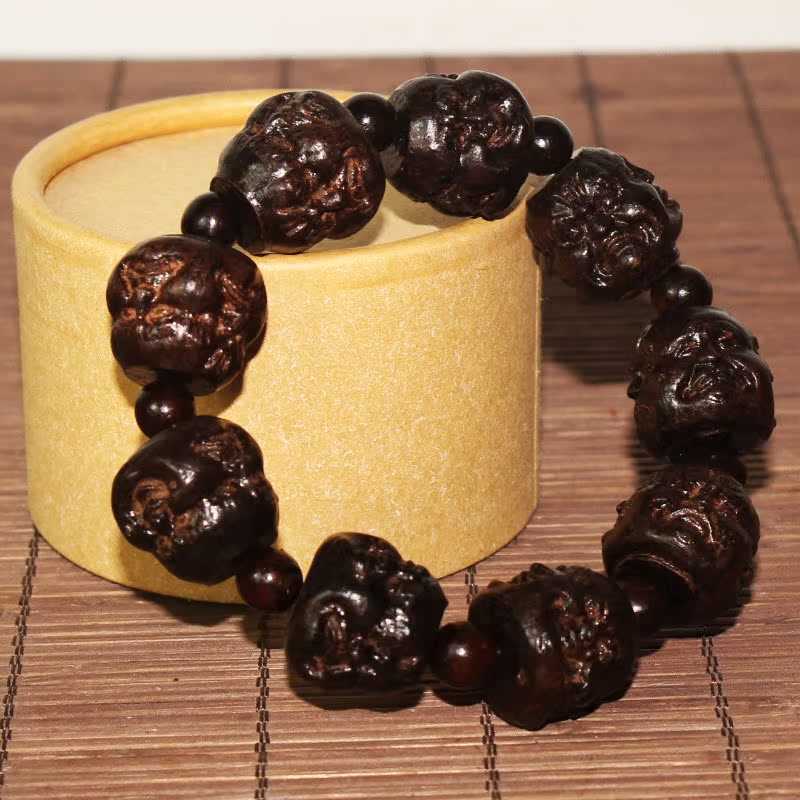 民族风木雕手串 石头沉香木佛头手链 释迦牟尼佛珠 四面佛手链