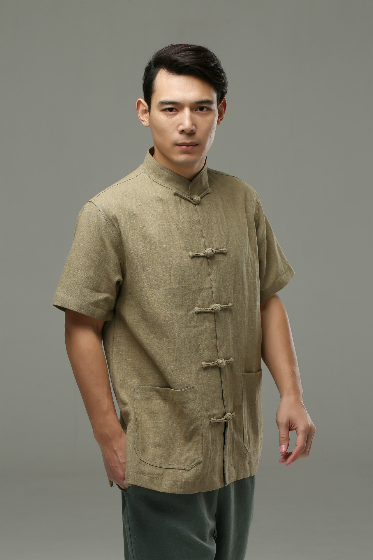 2018夏季新款纯麻对襟短袖上衣 中式盘扣对襟衬衫