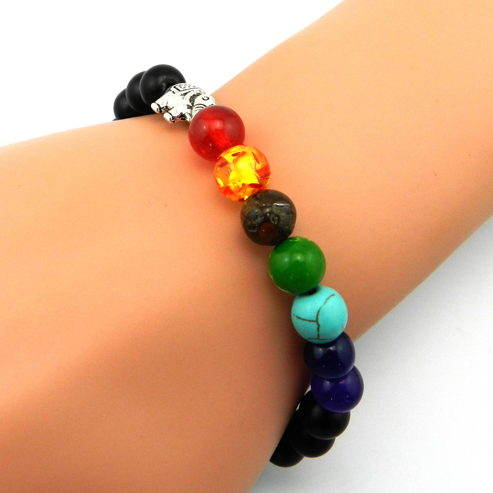 chakra 8mm火山石珠子手链七彩脉轮能量瑜伽佛珠手链 大象七彩