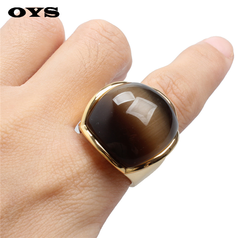 欧美宫廷钛钢猫眼石金色方形戒指 男士戒指欧美风首饰