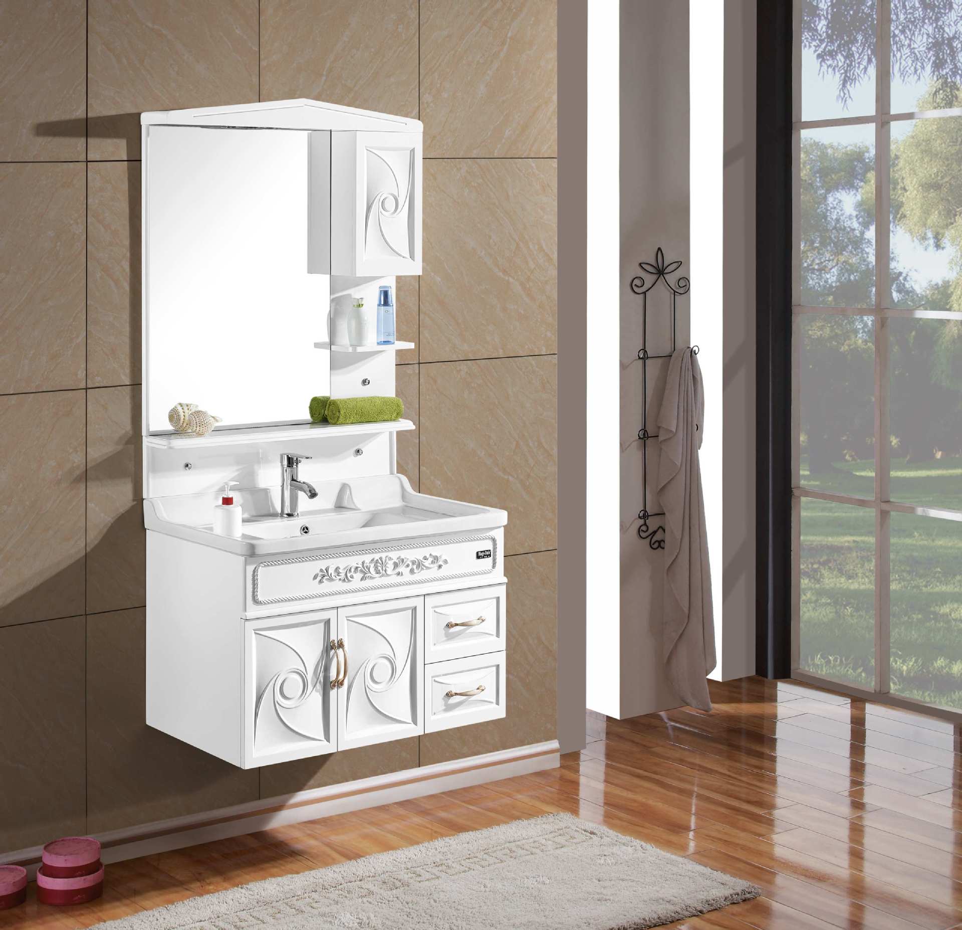 简约欧式80公分微晶石玉石盆洗手池洗脸盆浴室柜卫浴柜吊柜组合