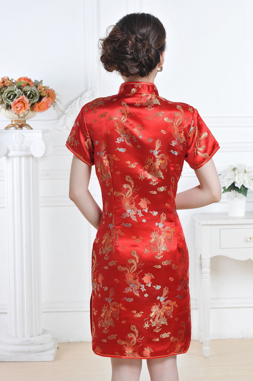 龙凤短旗袍 女士唐装夏装礼服斜襟短袖织锦缎演出服旗袍裙