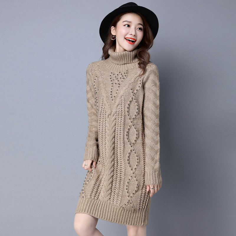 秋冬爆款高领套头厚款针织衫 韩版女装外套钉珠打底毛衣批发 - 服装批