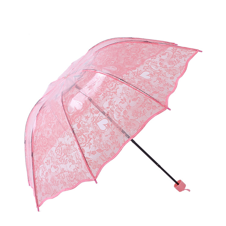 Umbrella Transparent Umbrella Folding Transparent Umbrella New Arrival Korean Style Lace Love Folding Umbrella Super Thick Environmental Umbrella Thick