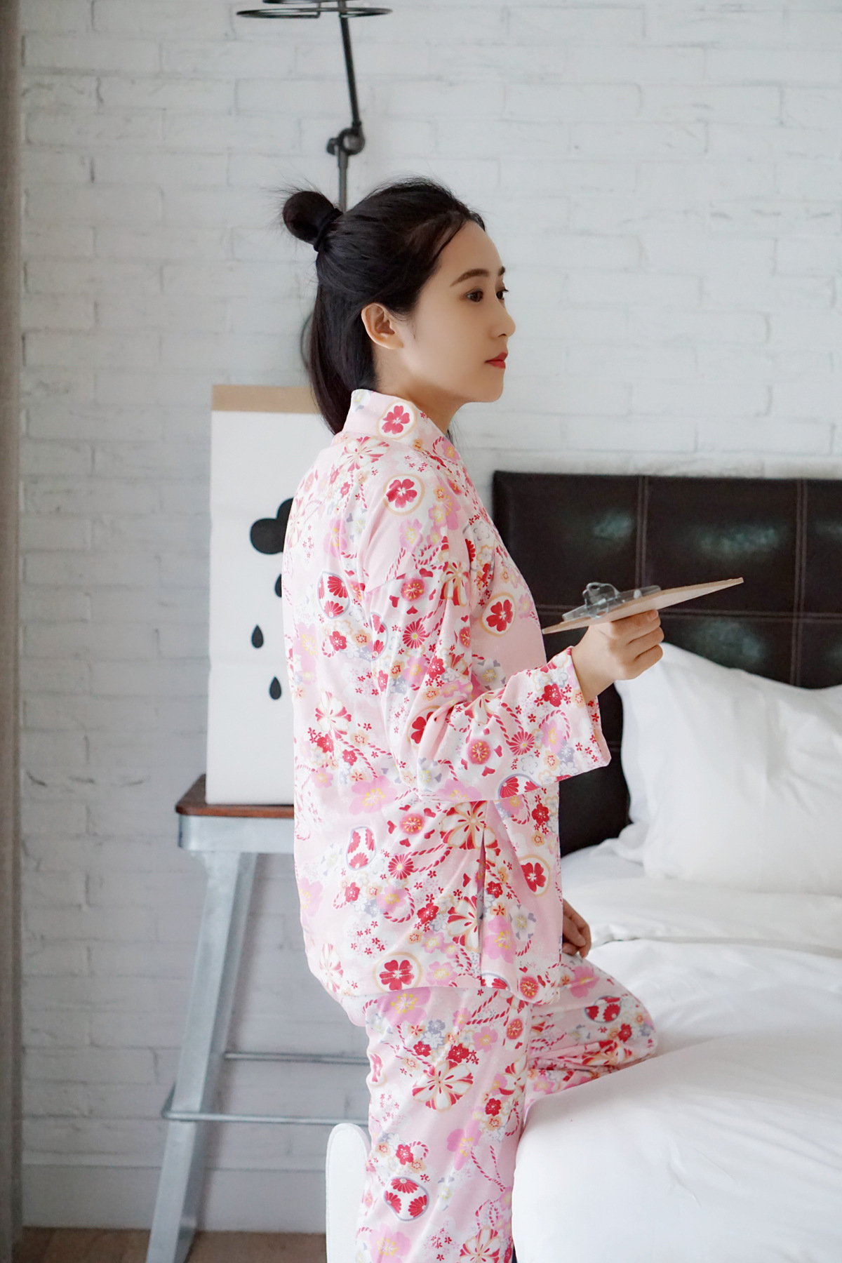 秋季和服日系睡衣 甜美樱花套装 针织棉少女家居服 斜襟绑带套装