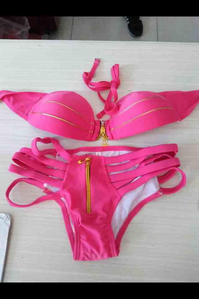 2015年爆款欧美时尚纯色拉链系列泳衣钢托聚拢分体比基尼女士泳装