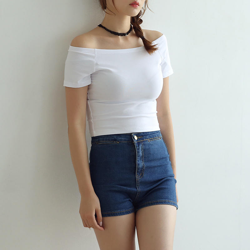 一字领棉质性感露肩修身短袖夏t恤女修身显瘦露肚脐打底衫020