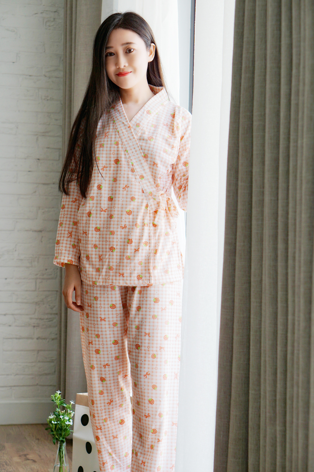 秋季和服日系睡衣 甜美樱花套装 针织棉少女家居服 斜襟绑带套装