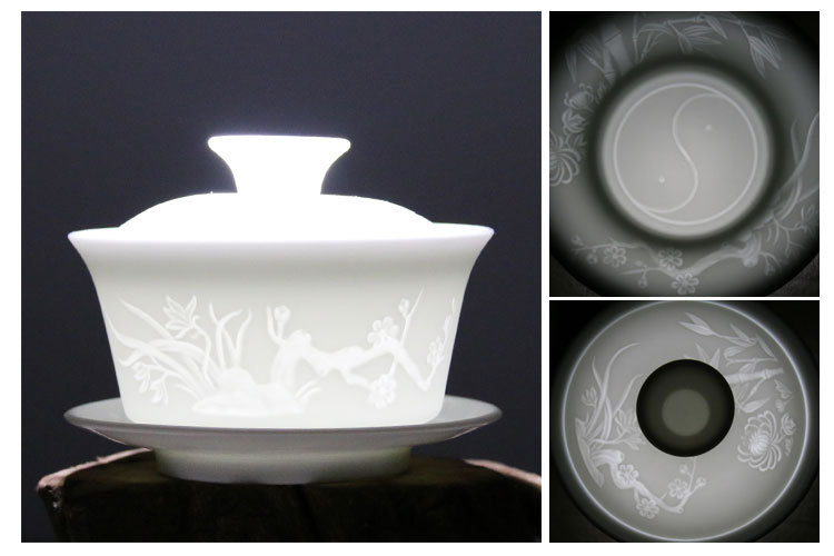 德化骨瓷白瓷影雕超薄阴雕透光玉瓷茶具功夫茶具超薄工艺玲珑剔.