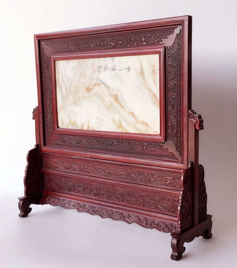 红酸枝木雕中式插屏台屏大理云石古典山水亭楼阁屏风摆件批发 - 红木