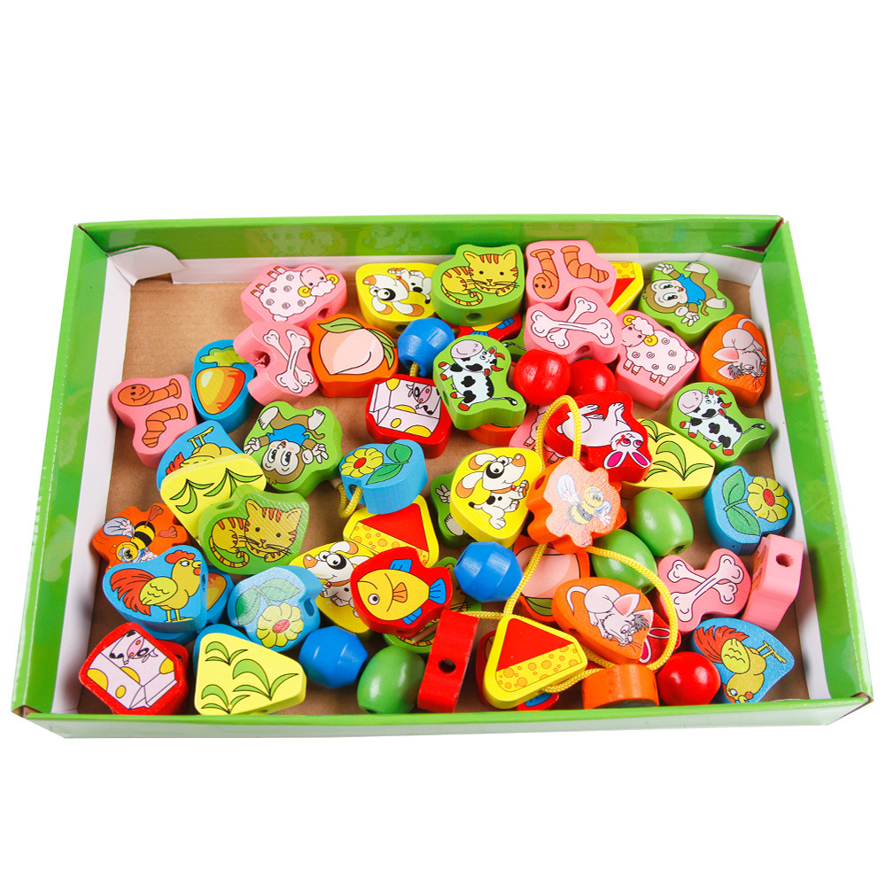 木制63粒动物串串乐串珠穿绳益智串串乐儿童玩具
