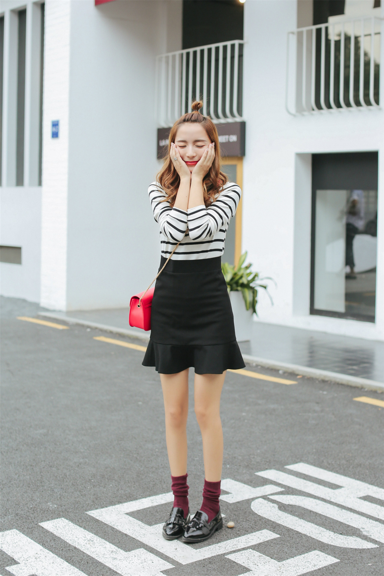 1020粗线细竖条纯棉堆堆袜秋冬新款复古森系学院风中筒袜子