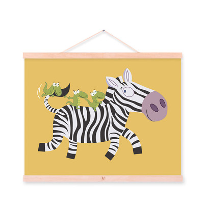 轻艺术实木挂轴画创意动物斑马客厅装饰画定制可爱儿童房卷轴挂画