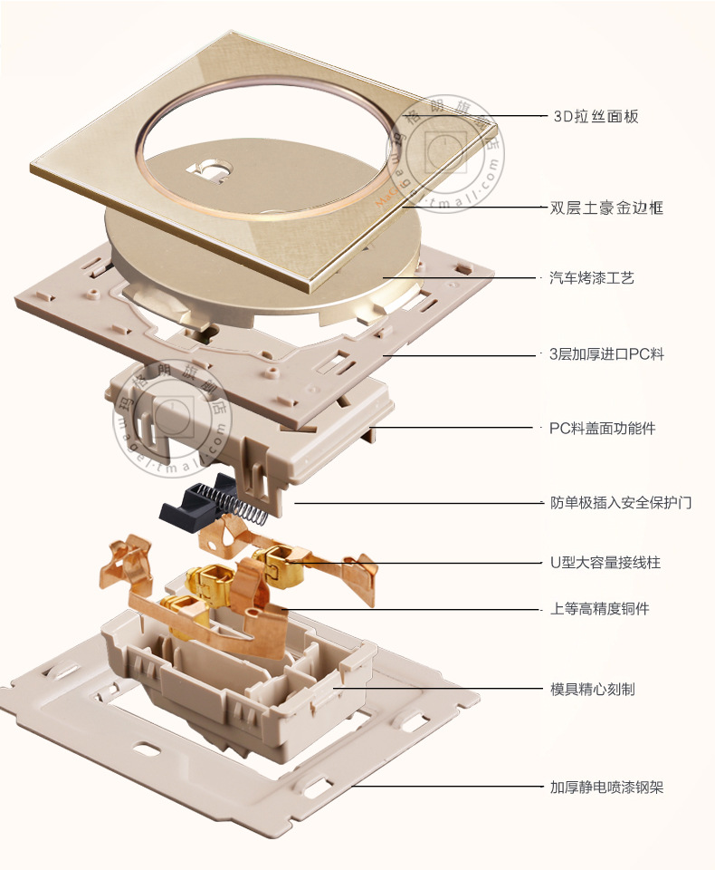 磨砂拉丝香槟金面板86型墙壁开关插座单开单控圆形一开单联