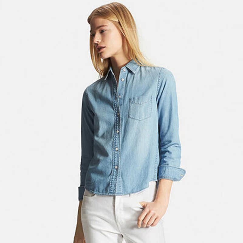 外贸新品春季女装水洗磨白翻领单排扣长袖牛仔衬衫批发女