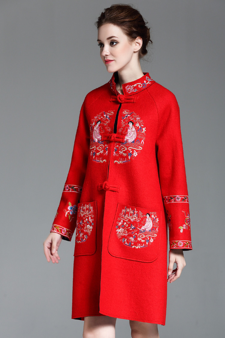 2017春秋女装新款中国民族风盘扣改良唐装厚外套红婚庆装毛呢大衣
