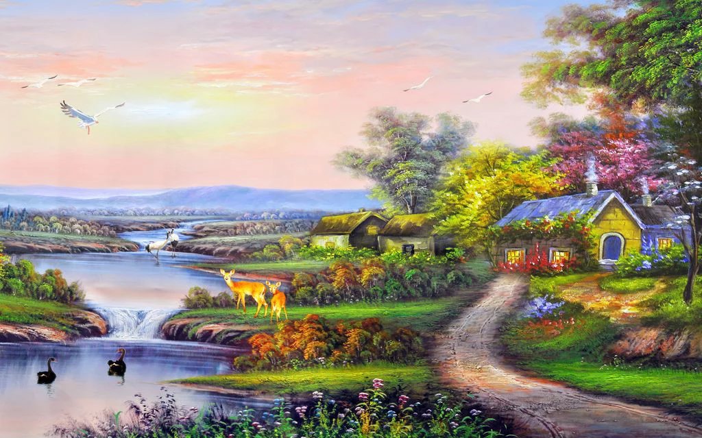 乡村小屋风景油画精美装饰画供应艺术画大型