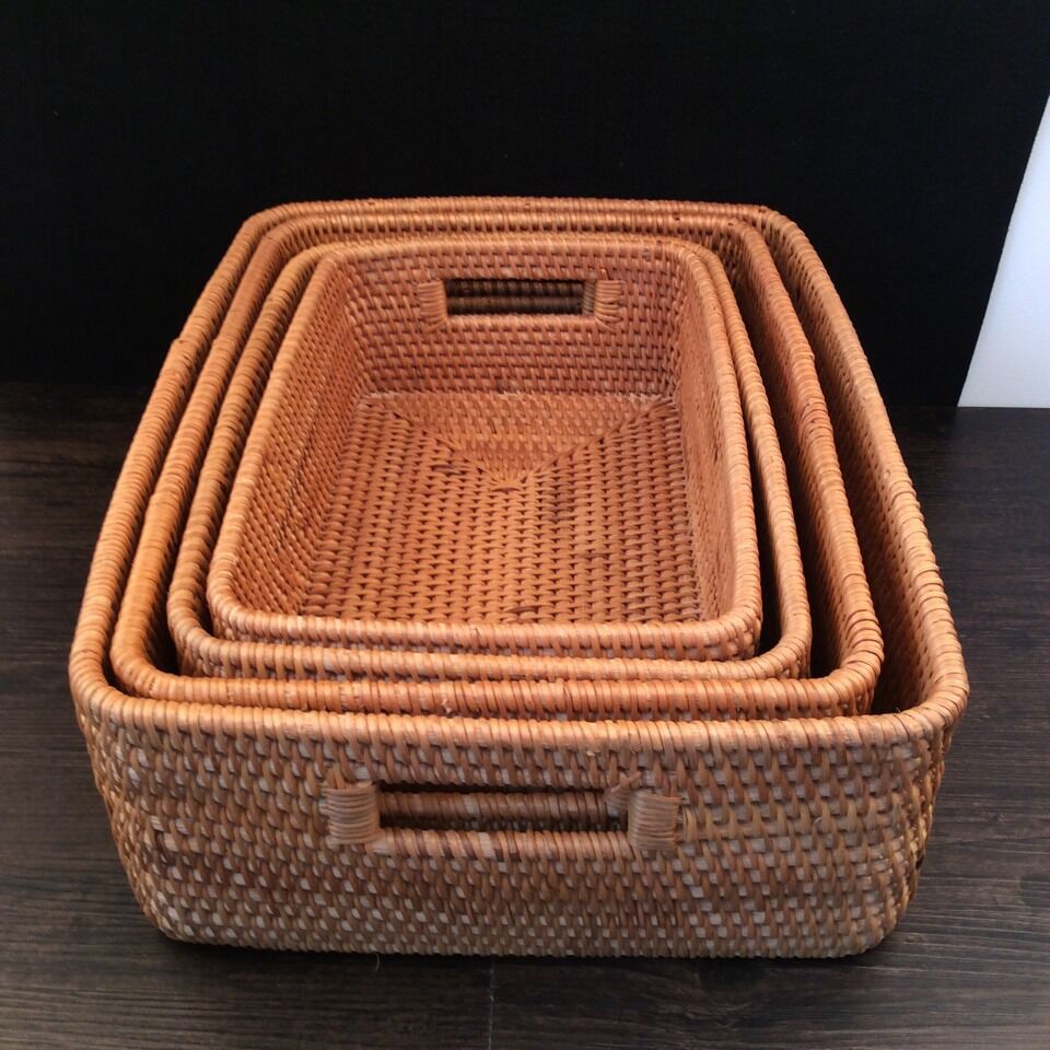 越南秋藤编 收纳箱 手工编织收纳筐 整理箱 桌面收纳框4件.