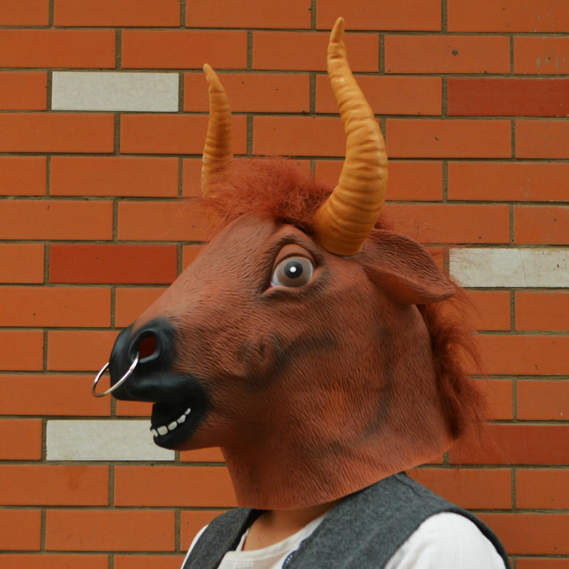 乳胶动物面具牛头套黄牛角面具牛魔王面具带铁环化妆表演万圣节