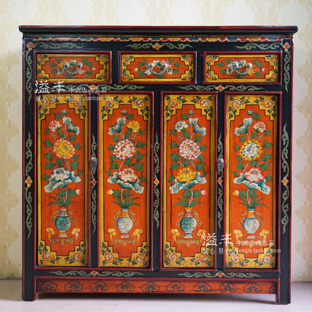 现代新中式仿古实木榆木彩绘彩漆鞋柜明清手绘藏式玄关客厅储物柜