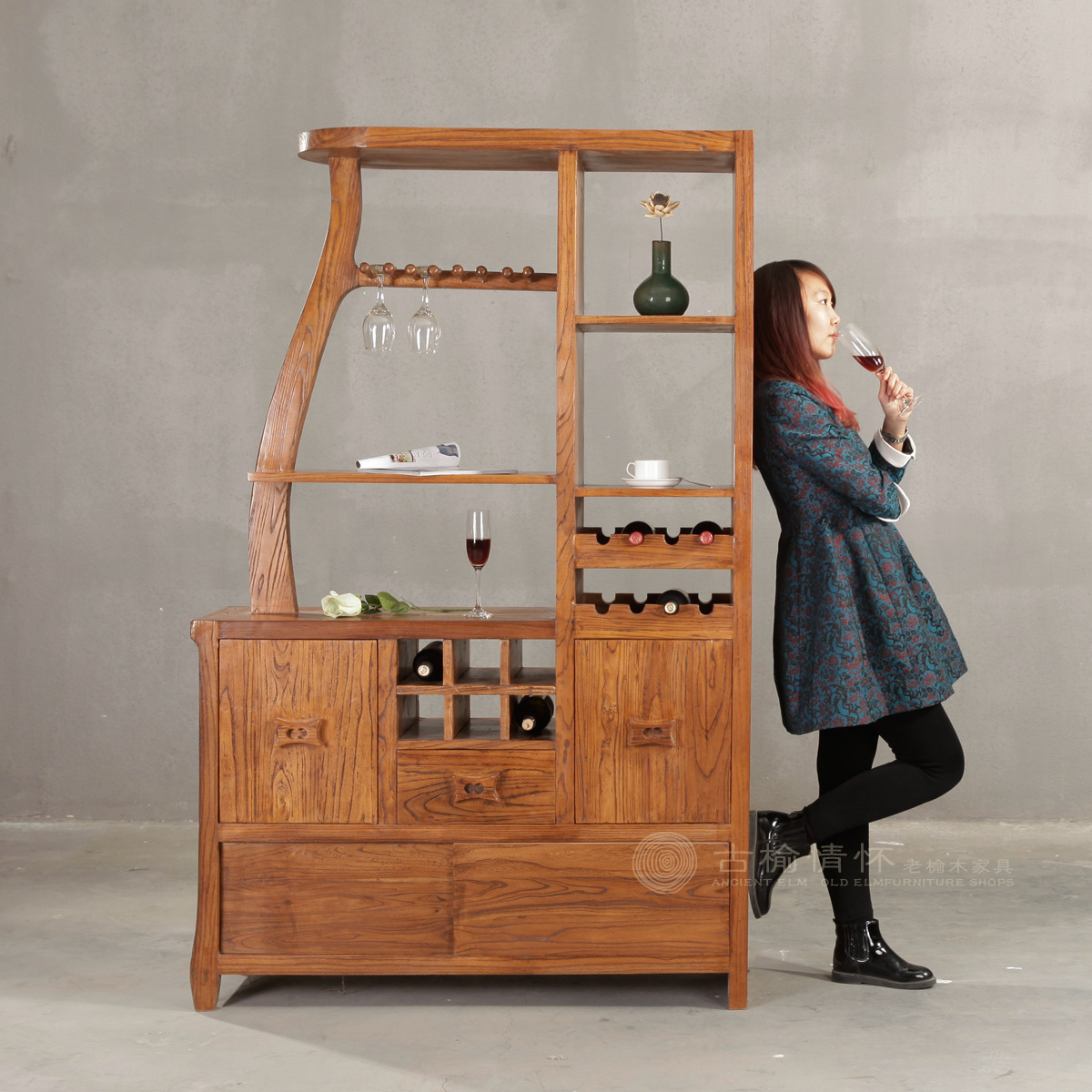 古榆情怀 全实木 老榆木酒柜隔断 玄关柜 双面鞋柜 客厅隔断柜