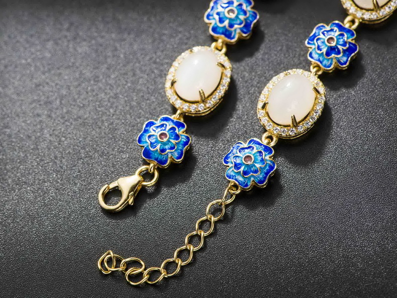 泰可泰 珐琅彩景泰蓝手链 镀金镶嵌白玉兰