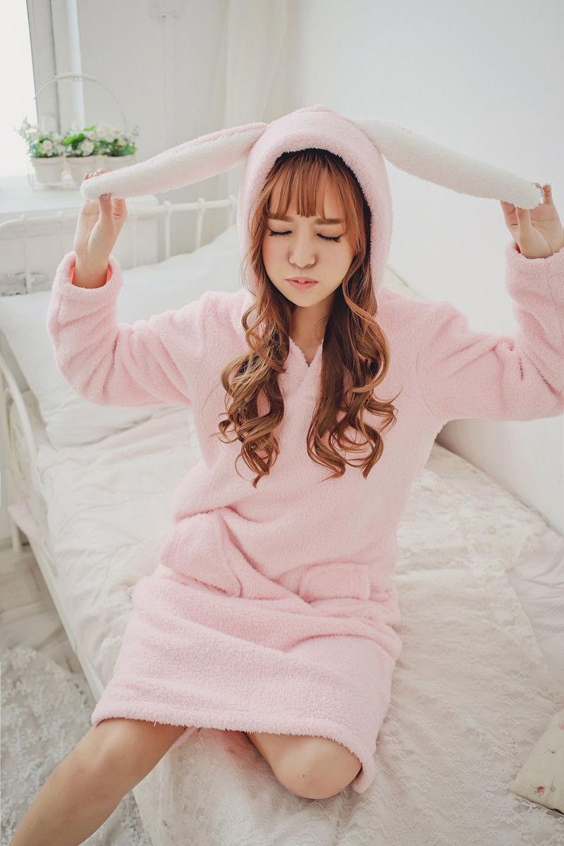 秋季珊瑚绒长兔耳朵可爱卡通长款睡裙 加厚动物毛绒睡衣家居服女