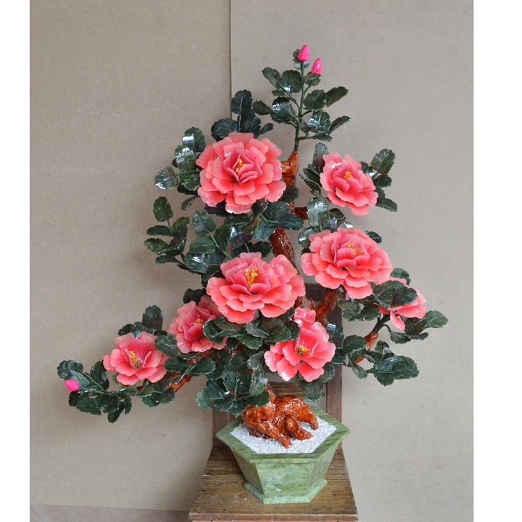 国色天香玉石盘景大8朵玉石牡丹花客厅家居饰品电视柜创意摆件