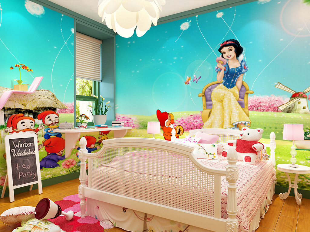卡通白雪公主大型壁画幼儿园ktv背景墙壁纸儿童女孩房卧室墙纸
