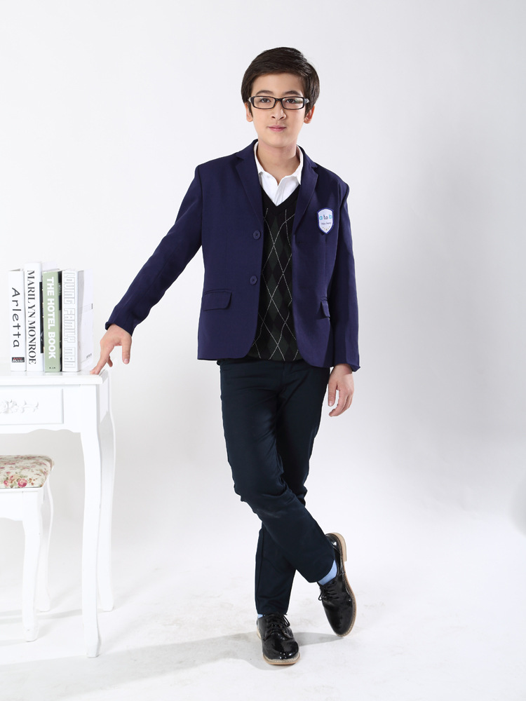 atob男士修身挺括青少年学院风藏青色西装制服校服开衫外套