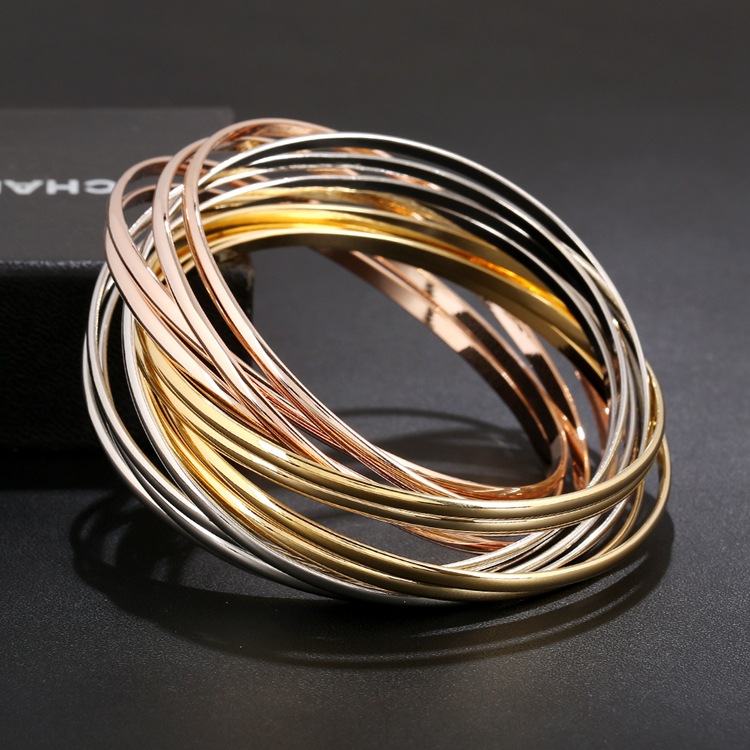 欧美新款多环潮女手环镯子锌合金三色细手镯速卖通热销手饰品批发