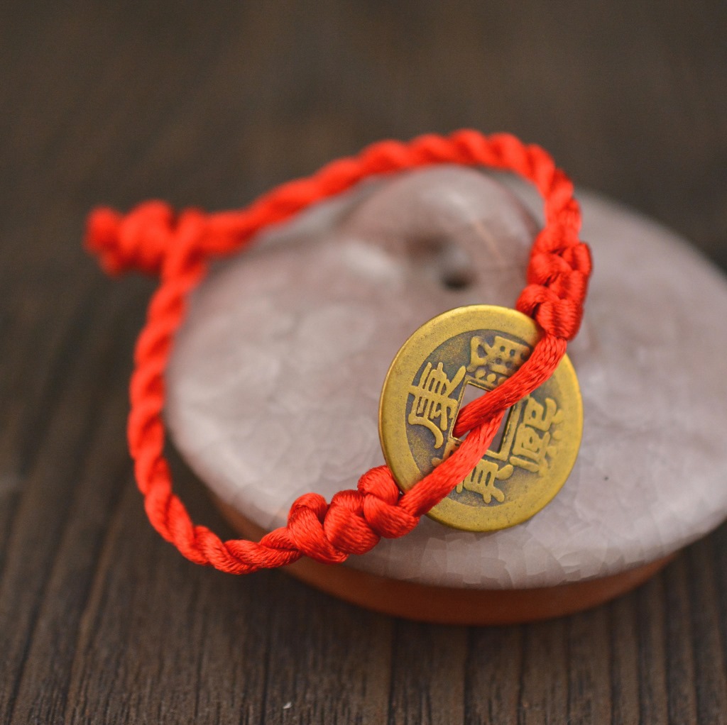 铜钱红绳编织手链 铜钱脚链 红绳编织铜钱手链批发