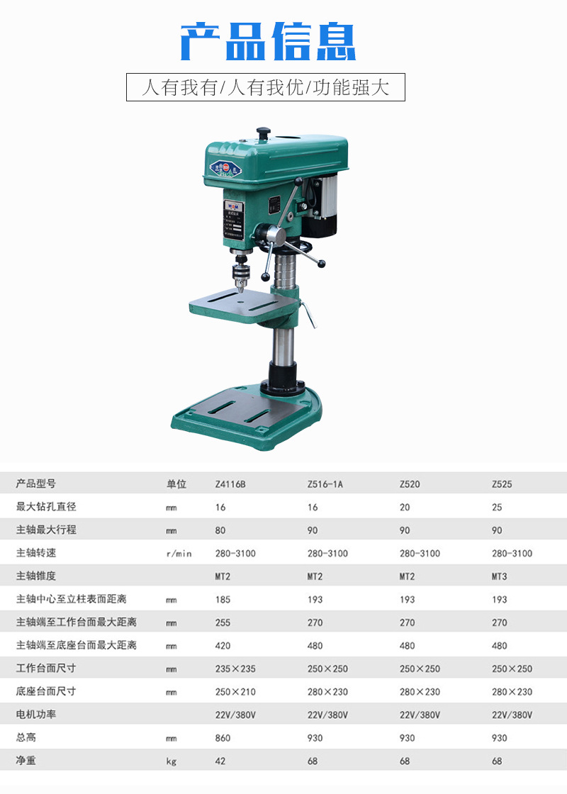 类型 台式钻床 品牌 西菱 型号 z4116b 主电机功率 1(kw)  外形尺寸